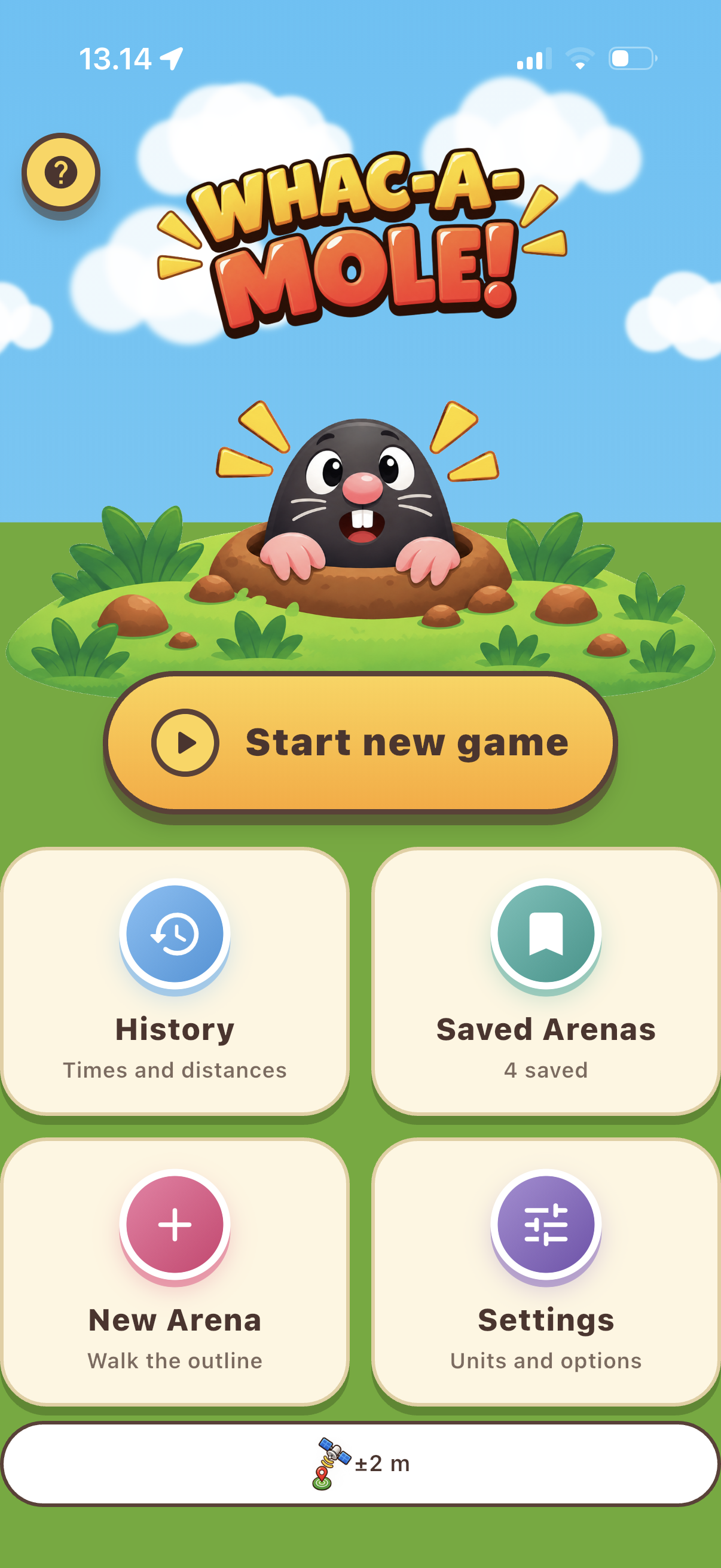 Live game showing the arena, mole, timer, and distance